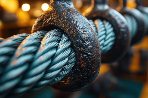 Detailed close-up of a thick industrial steel cable with rusty metal hooks, showcasing strength and durability in a factory environment.